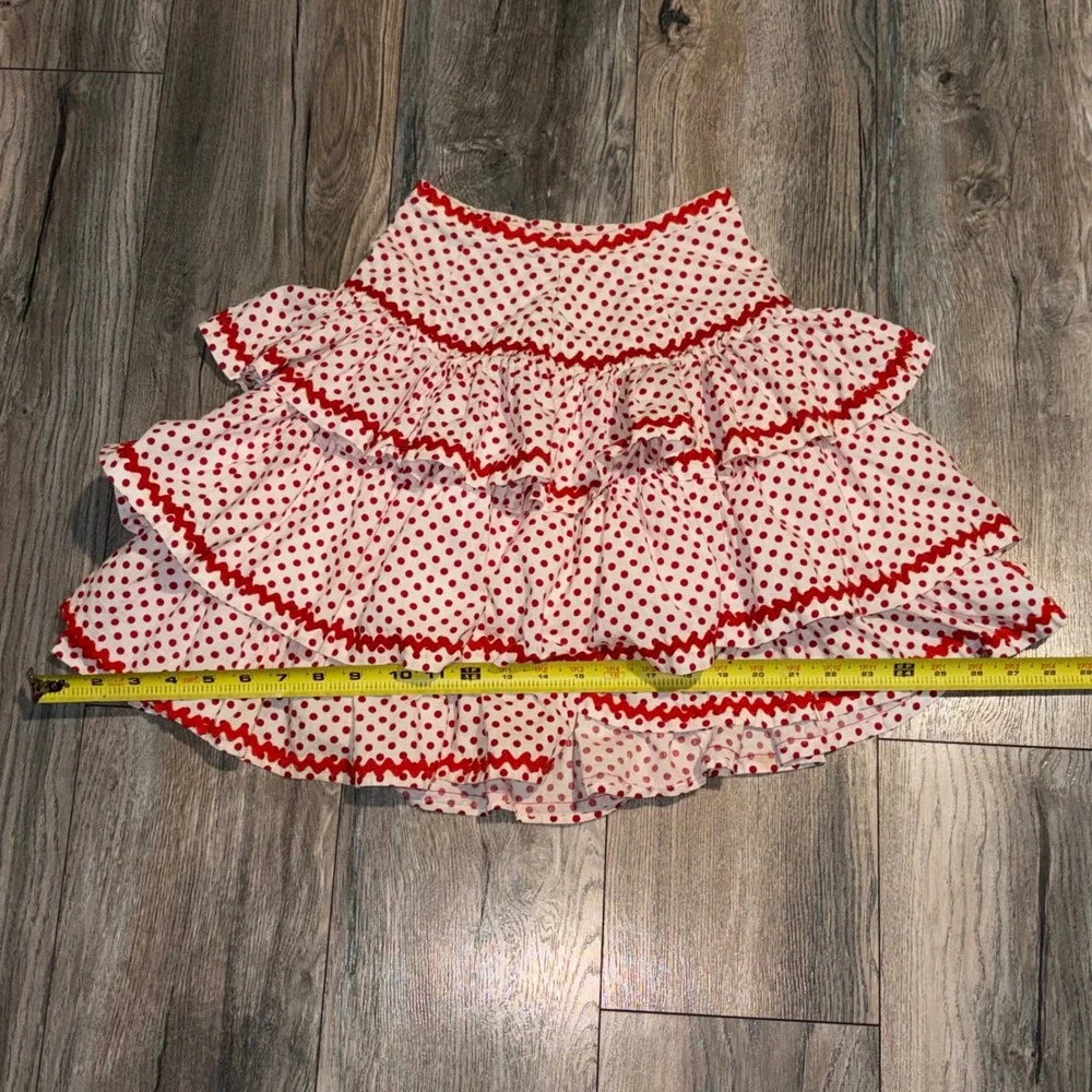 Vintage Kids Red Polka Dot Tiered Ruffle Skirt Ric Rac Trim Costume Retro
